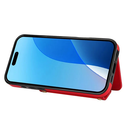 For iPhone 16 Pro Case Card Holders RFID Blocking PU Leather+TPU Phone Cover with Shoulder Strap