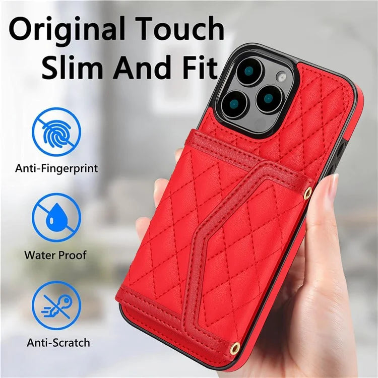 For iPhone 16 Pro Case Card Holders RFID Blocking PU Leather+TPU Phone Cover with Shoulder Strap