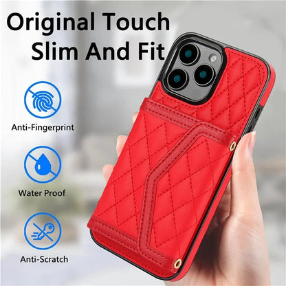 For iPhone 16 Pro Case Card Holders RFID Blocking PU Leather+TPU Phone Cover with Shoulder Strap