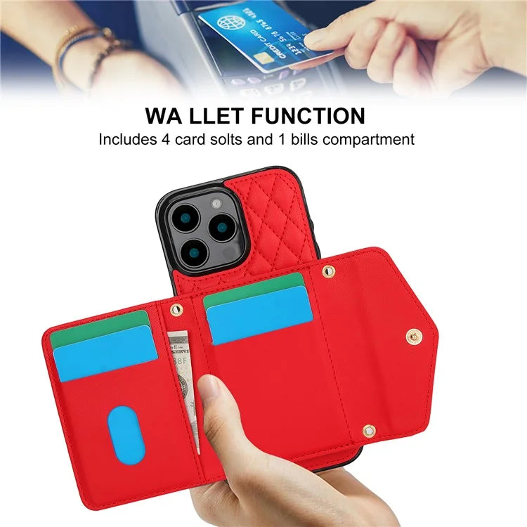For iPhone 16 Pro Case Card Holders RFID Blocking PU Leather+TPU Phone Cover with Shoulder Strap