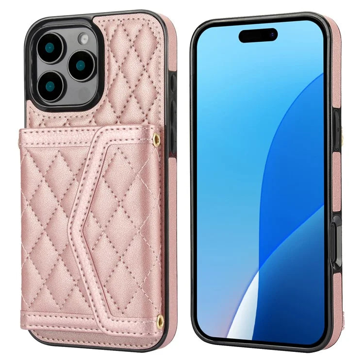 For iPhone 16 Pro Case Card Holders RFID Blocking PU Leather+TPU Phone Cover with Shoulder Strap