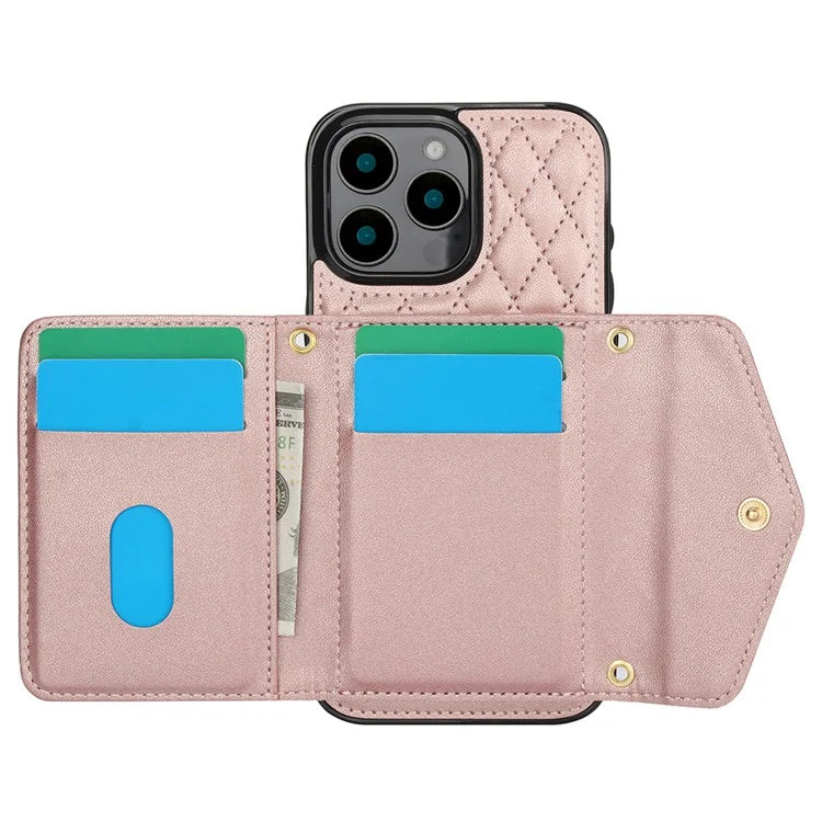 For iPhone 16 Pro Case Card Holders RFID Blocking PU Leather+TPU Phone Cover with Shoulder Strap