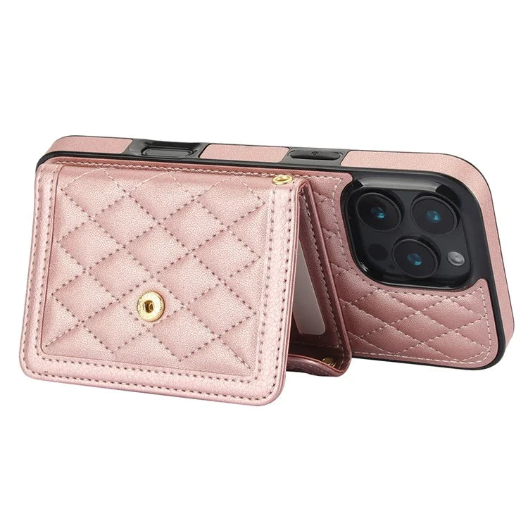 For iPhone 16 Pro Case Card Holders RFID Blocking PU Leather+TPU Phone Cover with Shoulder Strap