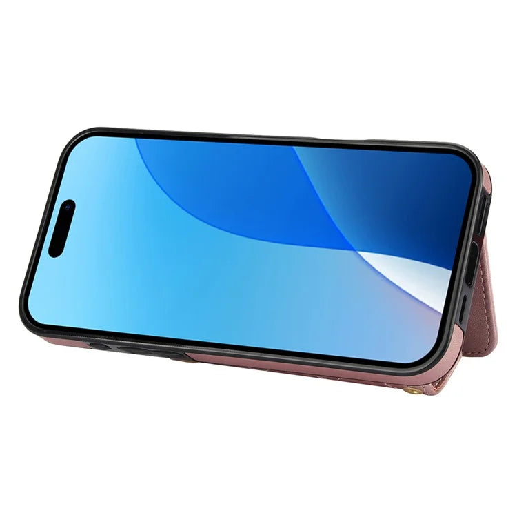 For iPhone 16 Pro Case Card Holders RFID Blocking PU Leather+TPU Phone Cover with Shoulder Strap