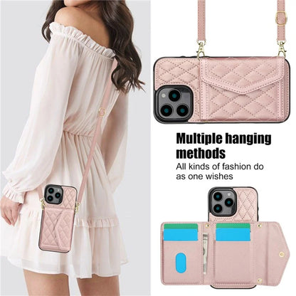 For iPhone 16 Pro Case Card Holders RFID Blocking PU Leather+TPU Phone Cover with Shoulder Strap
