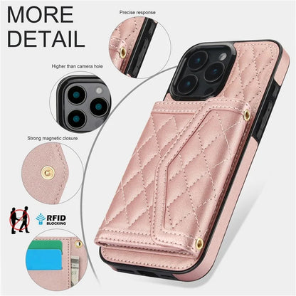 For iPhone 16 Pro Case Card Holders RFID Blocking PU Leather+TPU Phone Cover with Shoulder Strap