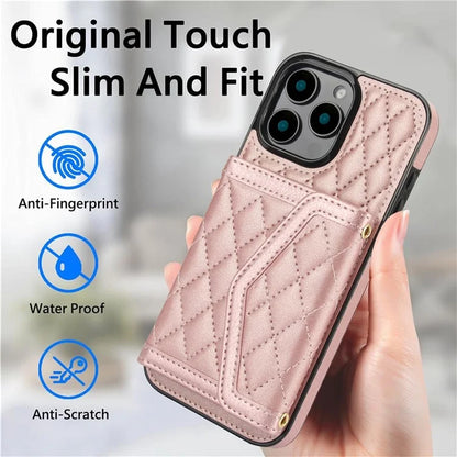 For iPhone 16 Pro Case Card Holders RFID Blocking PU Leather+TPU Phone Cover with Shoulder Strap