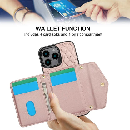 For iPhone 16 Pro Case Card Holders RFID Blocking PU Leather+TPU Phone Cover with Shoulder Strap