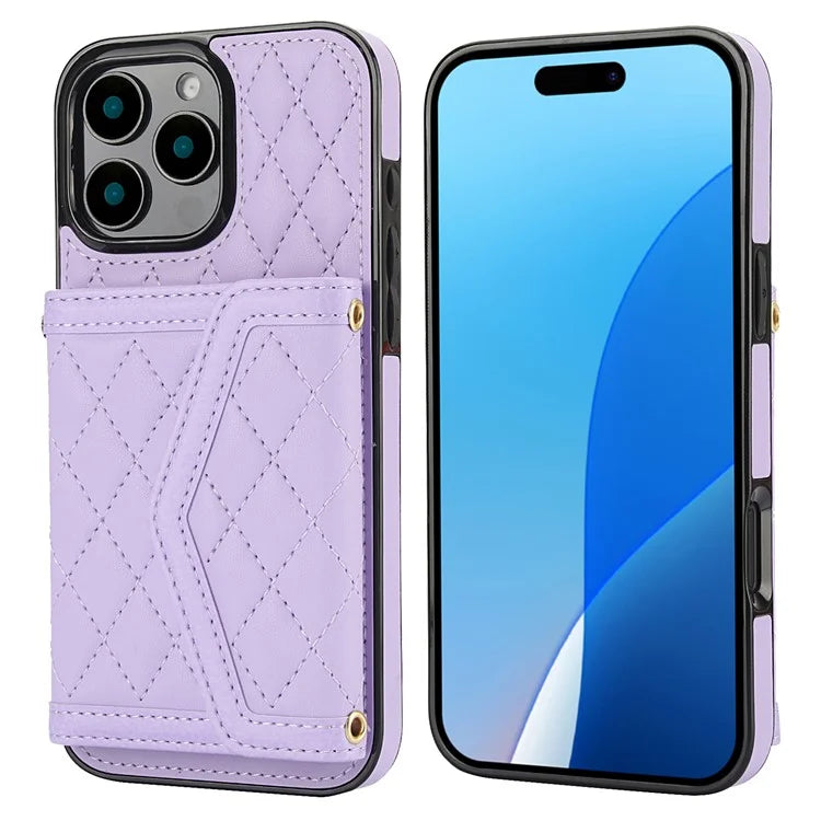 For iPhone 16 Pro Case Card Holders RFID Blocking PU Leather+TPU Phone Cover with Shoulder Strap