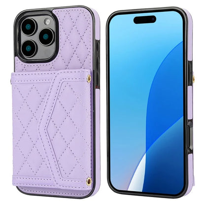 For iPhone 16 Pro Case Card Holders RFID Blocking PU Leather+TPU Phone Cover with Shoulder Strap