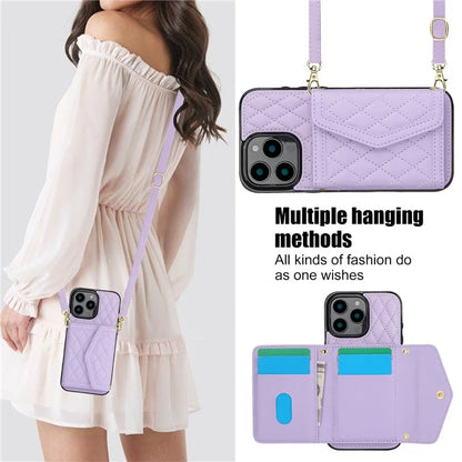 For iPhone 16 Pro Case Card Holders RFID Blocking PU Leather+TPU Phone Cover with Shoulder Strap