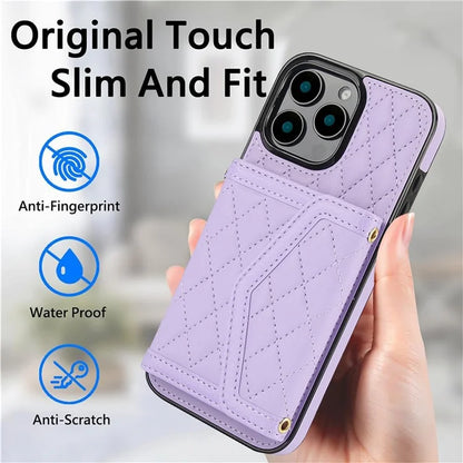 For iPhone 16 Pro Case Card Holders RFID Blocking PU Leather+TPU Phone Cover with Shoulder Strap