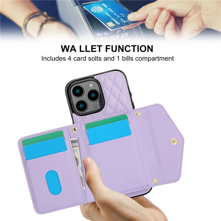 For iPhone 16 Pro Case Card Holders RFID Blocking PU Leather+TPU Phone Cover with Shoulder Strap