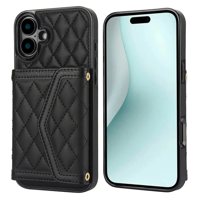 For iPhone 16 Plus Case Card Holders RFID Blocking PU Leather+TPU Phone Cover with Shoulder Strap