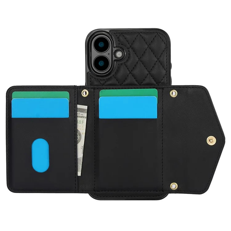 For iPhone 16 Plus Case Card Holders RFID Blocking PU Leather+TPU Phone Cover with Shoulder Strap