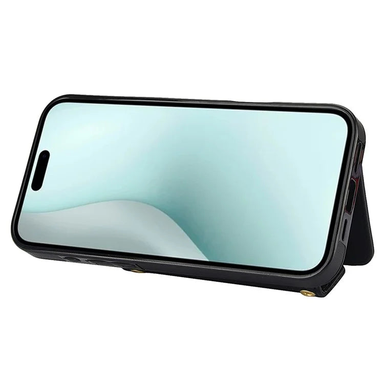 For iPhone 16 Plus Case Card Holders RFID Blocking PU Leather+TPU Phone Cover with Shoulder Strap