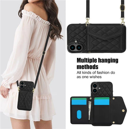 For iPhone 16 Plus Case Card Holders RFID Blocking PU Leather+TPU Phone Cover with Shoulder Strap