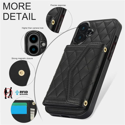 For iPhone 16 Plus Case Card Holders RFID Blocking PU Leather+TPU Phone Cover with Shoulder Strap