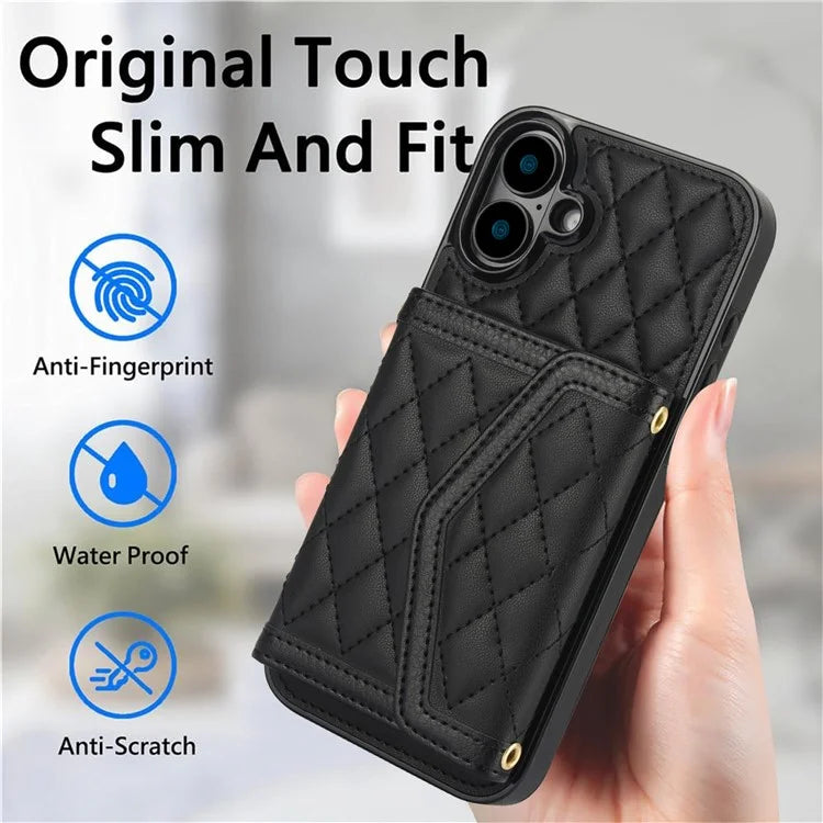 For iPhone 16 Plus Case Card Holders RFID Blocking PU Leather+TPU Phone Cover with Shoulder Strap
