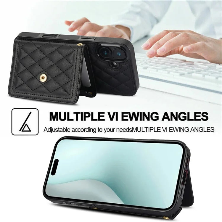For iPhone 16 Plus Case Card Holders RFID Blocking PU Leather+TPU Phone Cover with Shoulder Strap