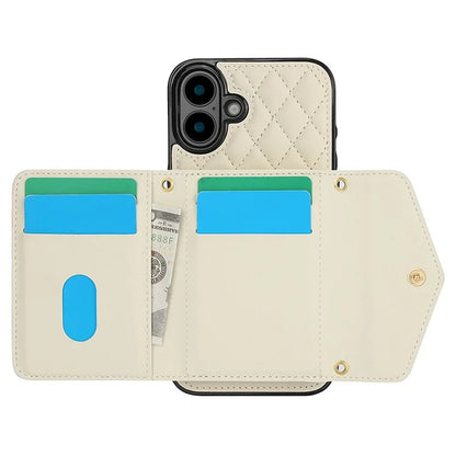 For iPhone 16 Plus Case Card Holders RFID Blocking PU Leather+TPU Phone Cover with Shoulder Strap