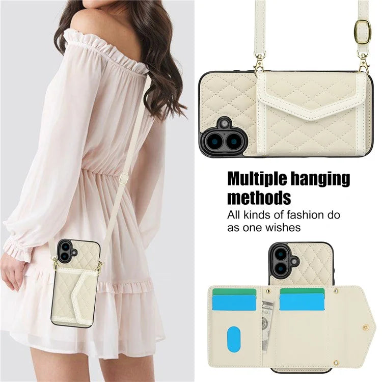 For iPhone 16 Plus Case Card Holders RFID Blocking PU Leather+TPU Phone Cover with Shoulder Strap