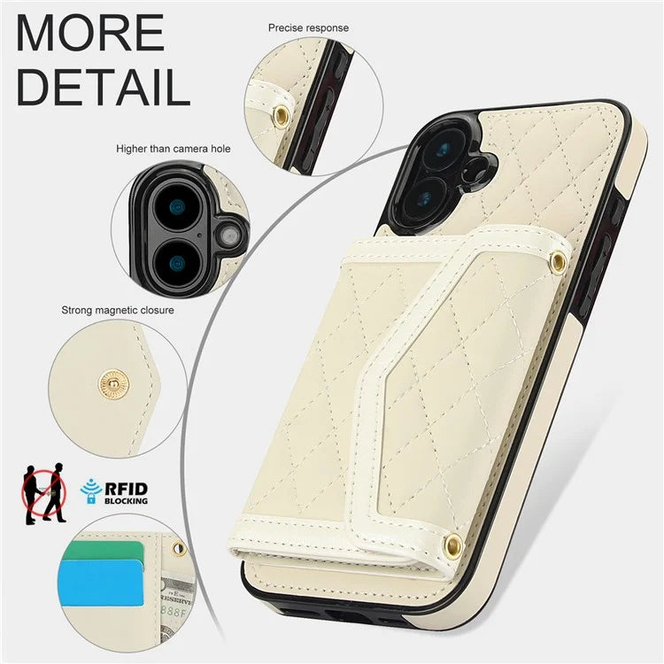 For iPhone 16 Plus Case Card Holders RFID Blocking PU Leather+TPU Phone Cover with Shoulder Strap