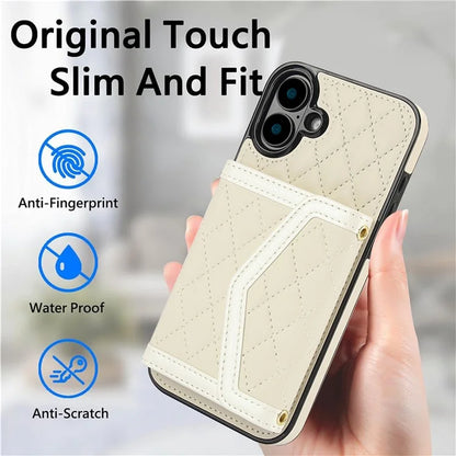 For iPhone 16 Plus Case Card Holders RFID Blocking PU Leather+TPU Phone Cover with Shoulder Strap