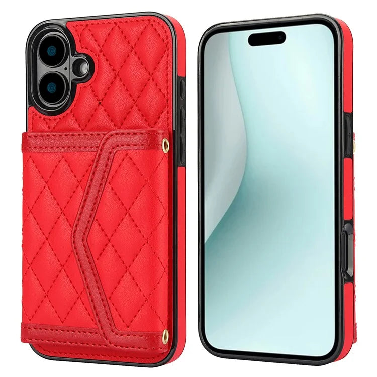 For iPhone 16 Plus Case Card Holders RFID Blocking PU Leather+TPU Phone Cover with Shoulder Strap