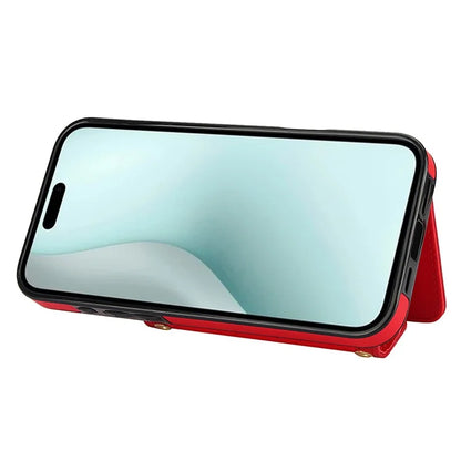 For iPhone 16 Plus Case Card Holders RFID Blocking PU Leather+TPU Phone Cover with Shoulder Strap