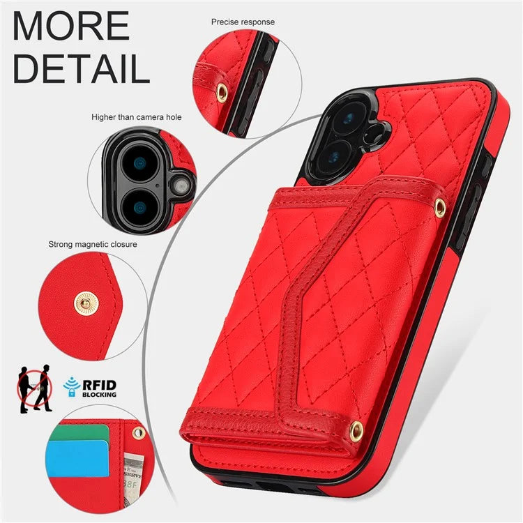 For iPhone 16 Plus Case Card Holders RFID Blocking PU Leather+TPU Phone Cover with Shoulder Strap
