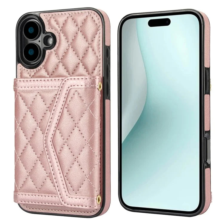 For iPhone 16 Plus Case Card Holders RFID Blocking PU Leather+TPU Phone Cover with Shoulder Strap