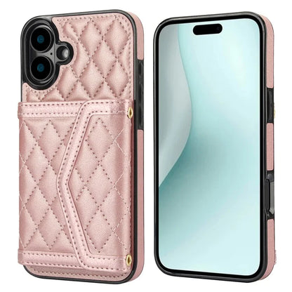 For iPhone 16 Plus Case Card Holders RFID Blocking PU Leather+TPU Phone Cover with Shoulder Strap