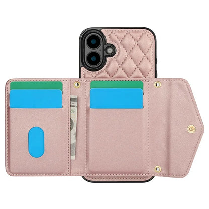 For iPhone 16 Plus Case Card Holders RFID Blocking PU Leather+TPU Phone Cover with Shoulder Strap