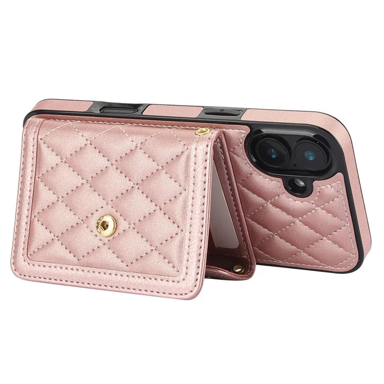 For iPhone 16 Plus Case Card Holders RFID Blocking PU Leather+TPU Phone Cover with Shoulder Strap