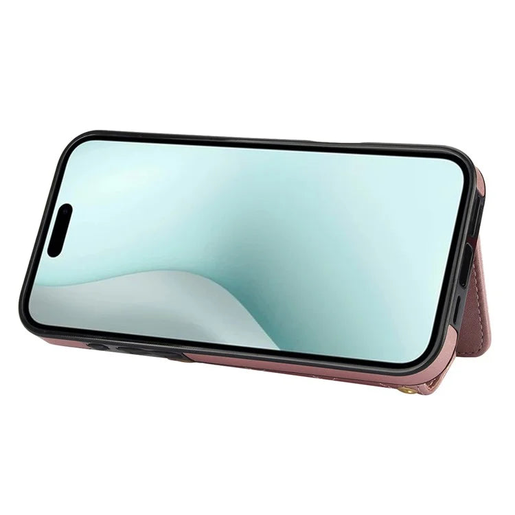 For iPhone 16 Plus Case Card Holders RFID Blocking PU Leather+TPU Phone Cover with Shoulder Strap