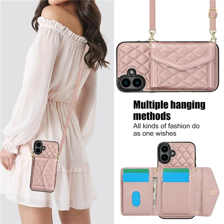 For iPhone 16 Plus Case Card Holders RFID Blocking PU Leather+TPU Phone Cover with Shoulder Strap