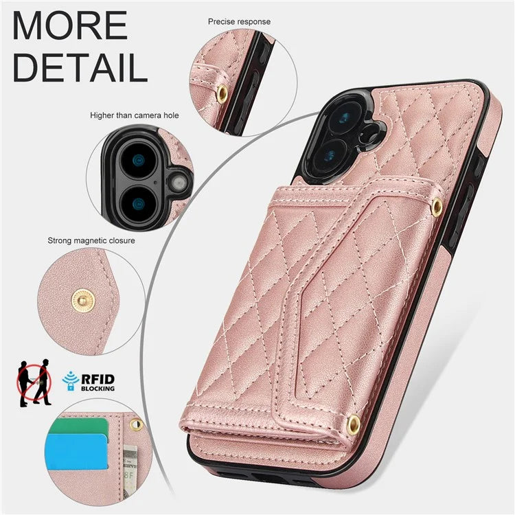 For iPhone 16 Plus Case Card Holders RFID Blocking PU Leather+TPU Phone Cover with Shoulder Strap