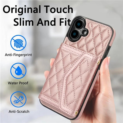 For iPhone 16 Plus Case Card Holders RFID Blocking PU Leather+TPU Phone Cover with Shoulder Strap