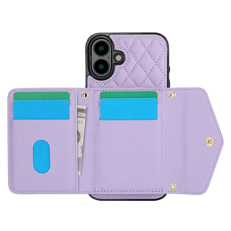 For iPhone 16 Plus Case Card Holders RFID Blocking PU Leather+TPU Phone Cover with Shoulder Strap