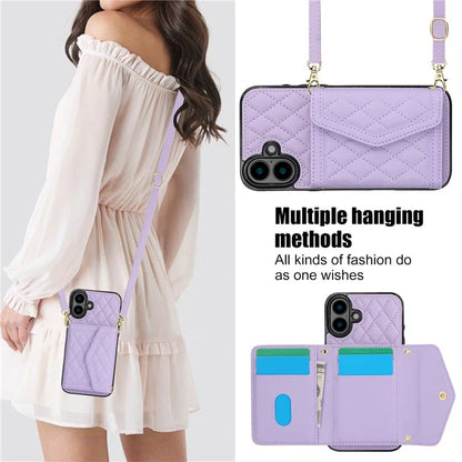 For iPhone 16 Plus Case Card Holders RFID Blocking PU Leather+TPU Phone Cover with Shoulder Strap