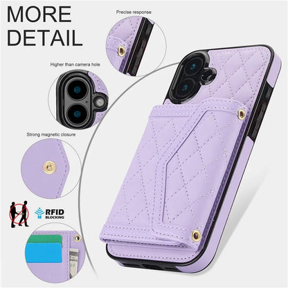 For iPhone 16 Plus Case Card Holders RFID Blocking PU Leather+TPU Phone Cover with Shoulder Strap