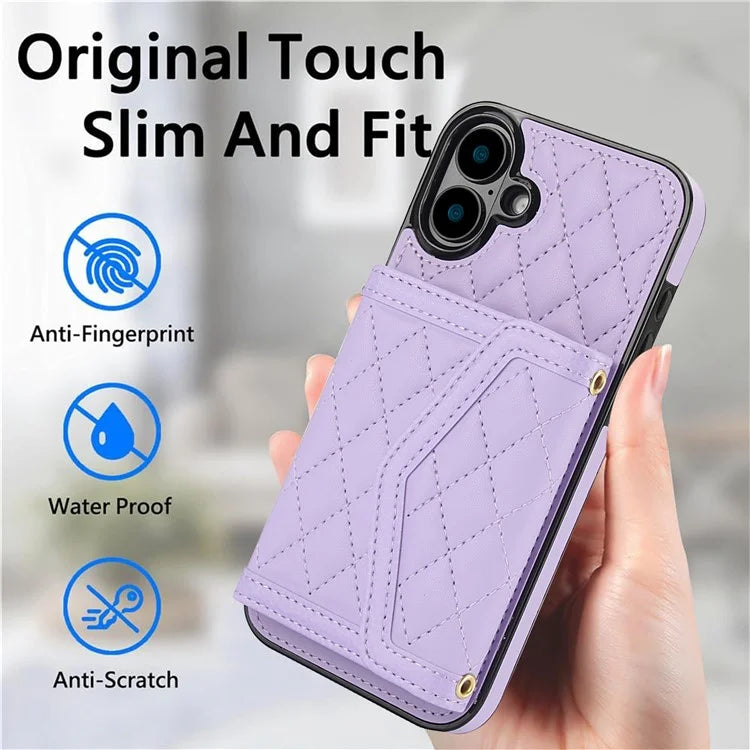 For iPhone 16 Plus Case Card Holders RFID Blocking PU Leather+TPU Phone Cover with Shoulder Strap
