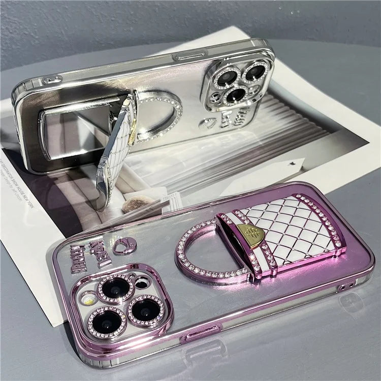 For iPhone 15 Pro Max Case Mirror Kickstand TPU+PC Shiny Protective Back Cover