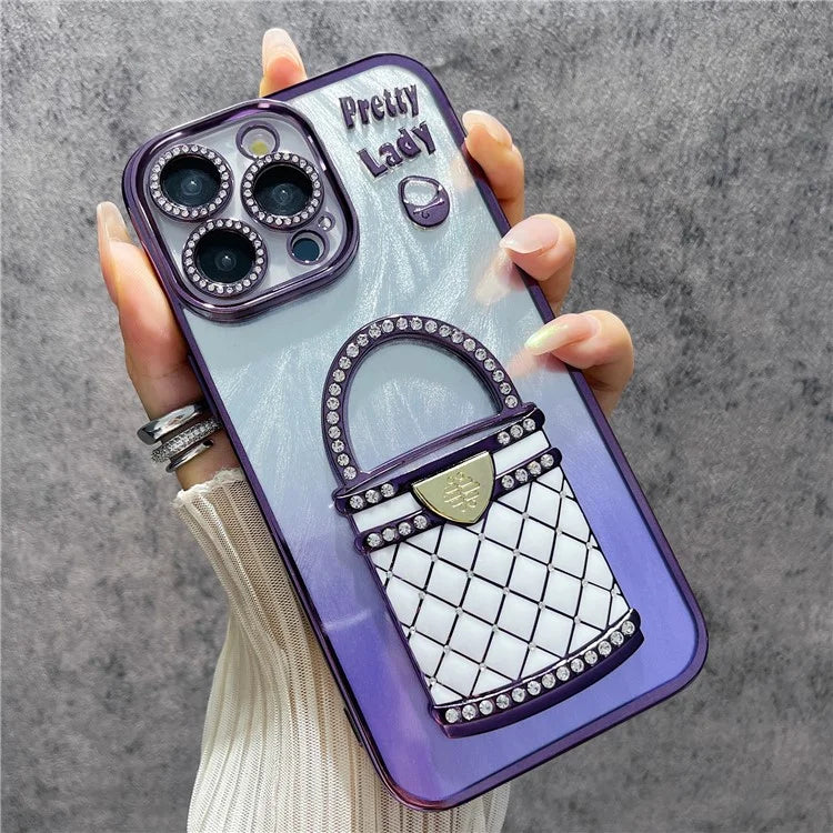 For iPhone 15 Pro Max Case Mirror Kickstand TPU+PC Shiny Protective Back Cover