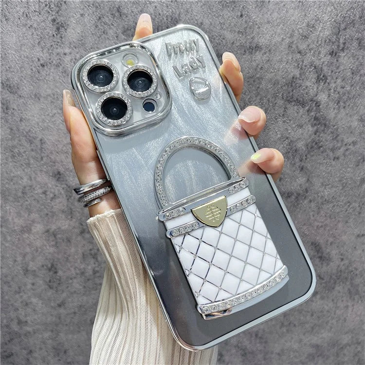 For iPhone 15 Pro Max Case Mirror Kickstand TPU+PC Shiny Protective Back Cover