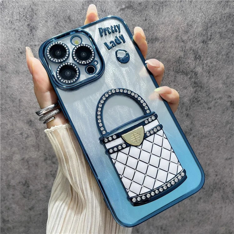 For iPhone 15 Pro Max Case Mirror Kickstand TPU+PC Shiny Protective Back Cover