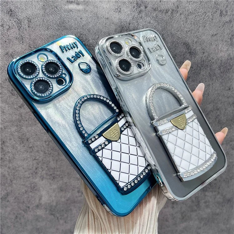 For iPhone 16 Pro Case Mirror Kickstand TPU+PC Shiny Protective Back Cover