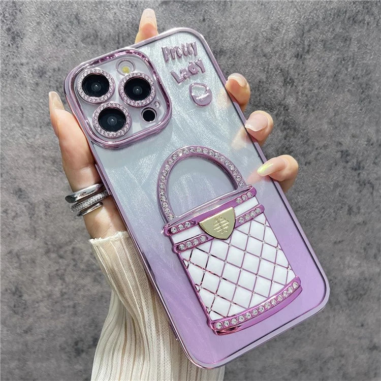 For iPhone 16 Pro Case Mirror Kickstand TPU+PC Shiny Protective Back Cover