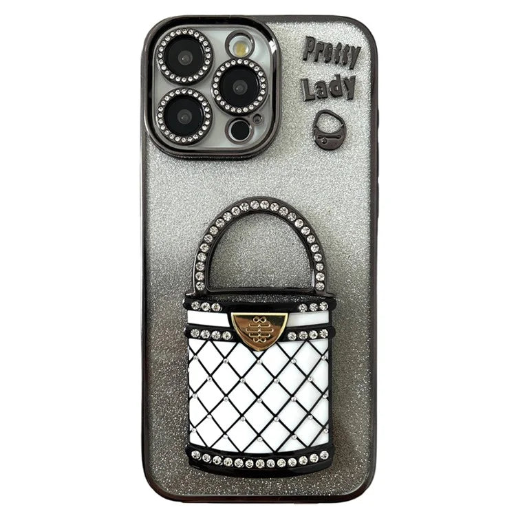 For iPhone 15 Pro Max Case Mirror Kickstand TPU+PC Gradient Glitter Phone Cover